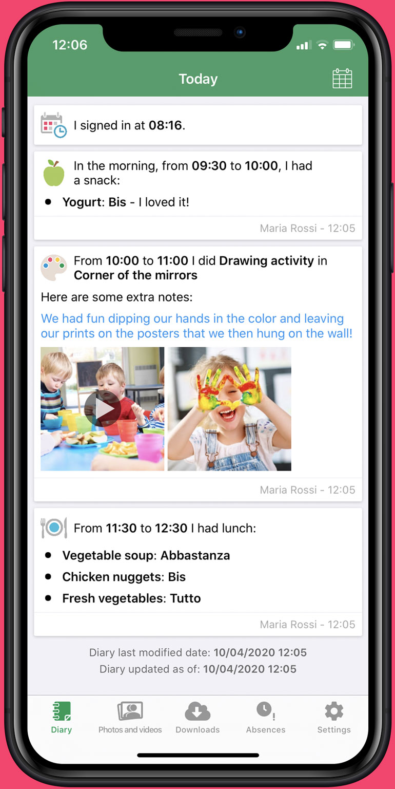 Logging of daily diaries, with notifications, activities, meals, naps, pee and poo.