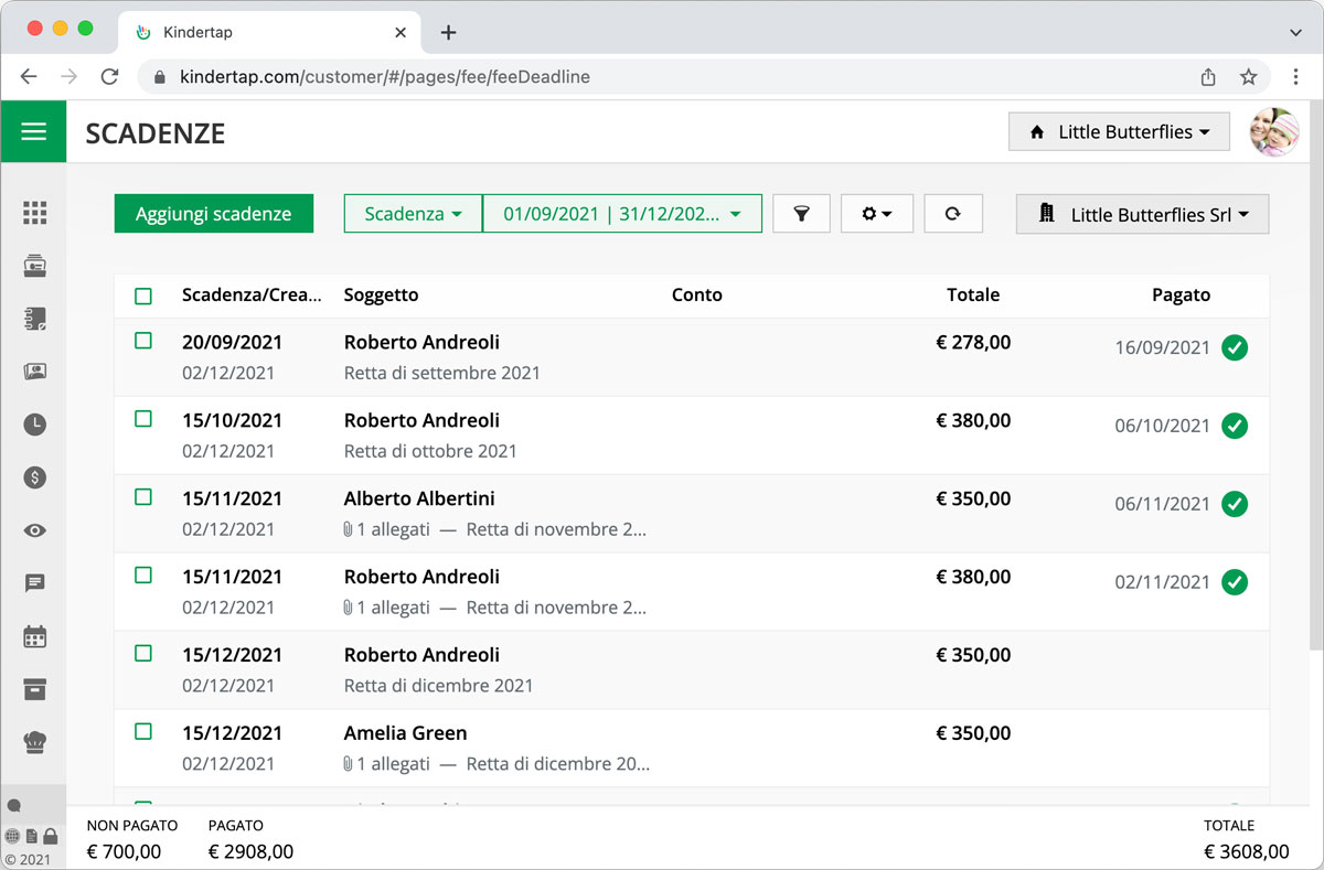 Scadenziari rette, reminder di pagamento e POS virtuale per i pagamenti con carte di credito